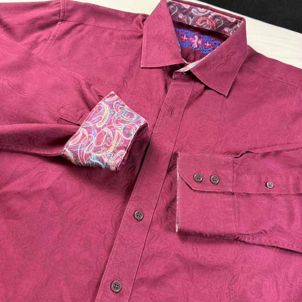 Robert Graham Button Down Mens L Burgundy Jacquard Paisley Tonal Long Sleeve
